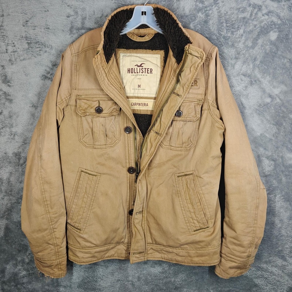 Vintage Hollister Carpinteria Jacket Men Medium Tan Sherpa Twill Distressed